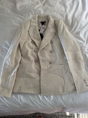House of Harlow Double-Breasted Textured Cream Blazer